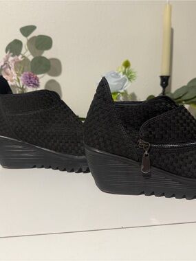 bernie mev. Black Woven Wedge Slip-On with Side Zip Detail